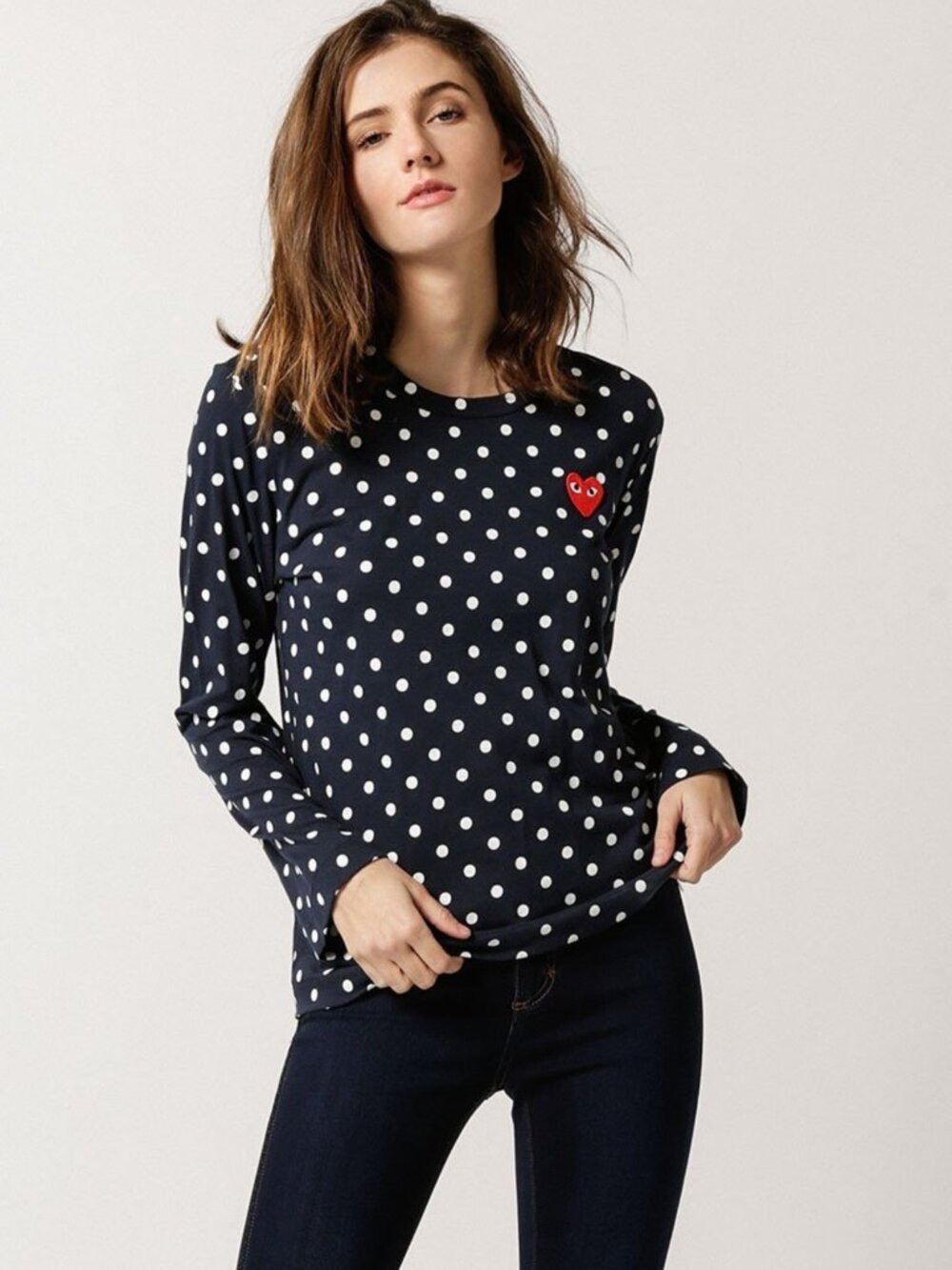 COMME DES GARCONS PLAY Navy Blue Polka Dot 100% Cotton Crew Neck T-Shirt, Size S